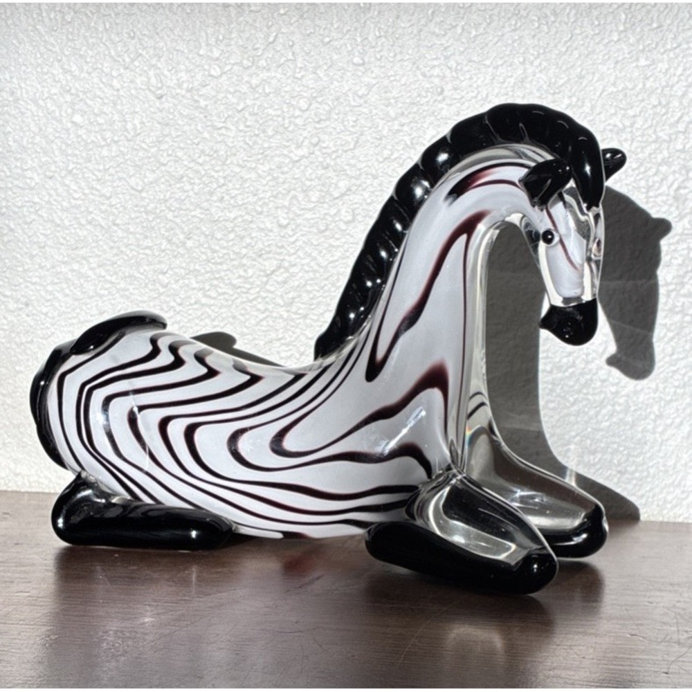 Blown Glass Zebra Art Statue Zebra Laying Down Black White Safari Animal 8.5"